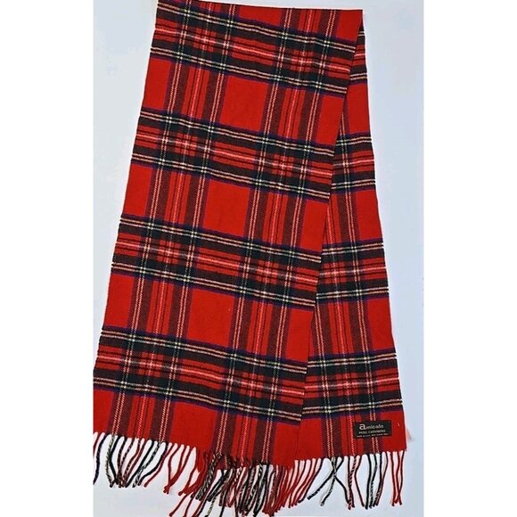 Amicale 100% Cashmere Scarf 12" x 52" Red Tartan Plaid Fringed Made in USA - Picture 1 of 3